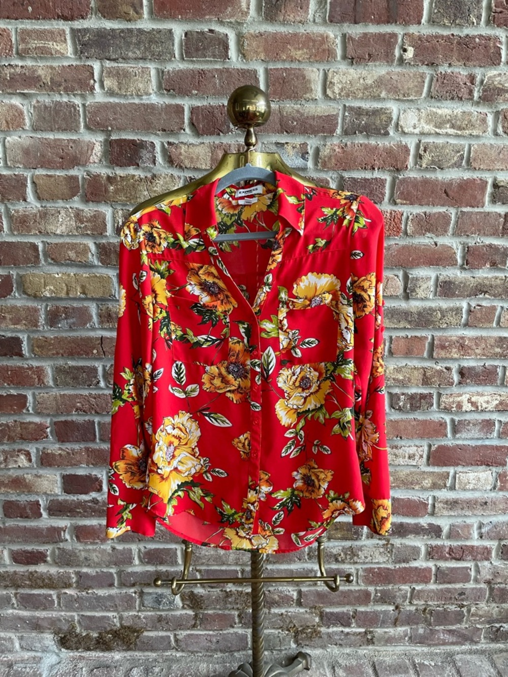 Express Portofino Slim Red Floral Button-Down Blouse
